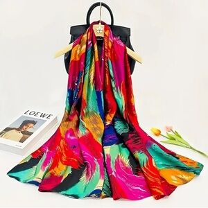 NEW Vibrant Multicolor Feather Patterns Scarf 72”x33” inch